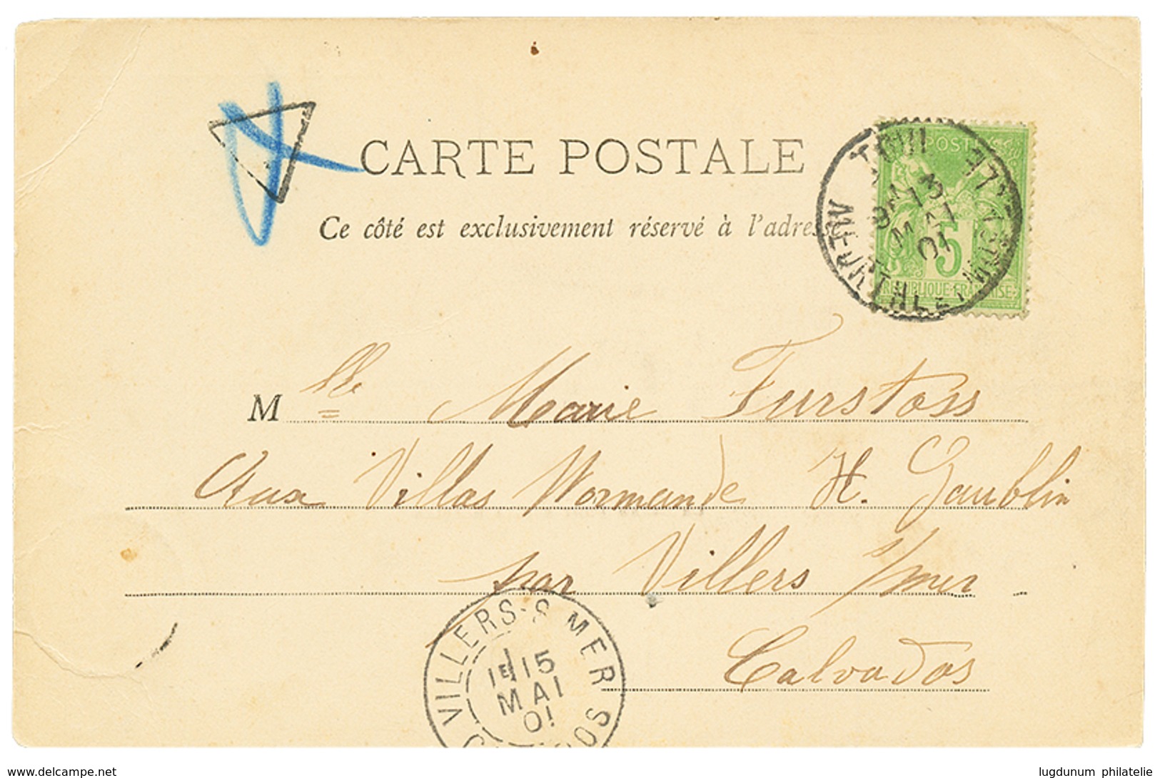 500 1901 5c SAGE Obl. Cachet Rond F + Verso 5c Obl. TOUL Sur Carte Pour VILLERS. RARE. Superbe. - 1876-1878 Sage (Type I)