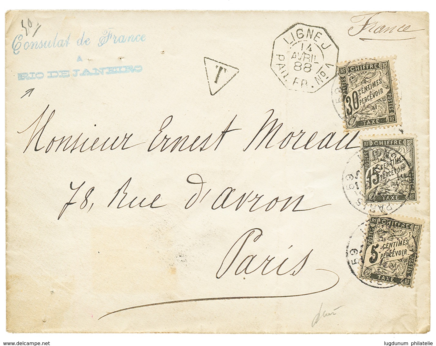 504 "BRESIL" : 1888 LIGNE J PAQ FR N°1 + CONSULAT DE FRANCE A RIO DE JANEIRO + TAXE 5c+ 15c + 30c Sur Env. Pour PARIS. R - Andere & Zonder Classificatie