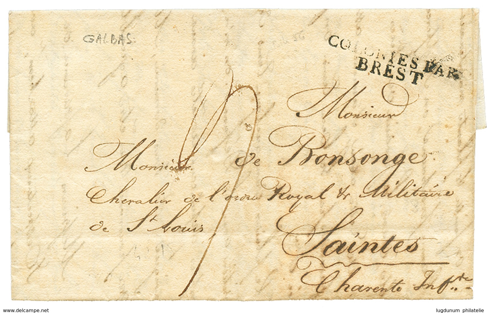 515 1823 COLONIES PAR BREST Sur Lettre Avec Texte Daté "GALBAS" Pour SAINTES. RARE Origine. TTB. - Poste Maritime
