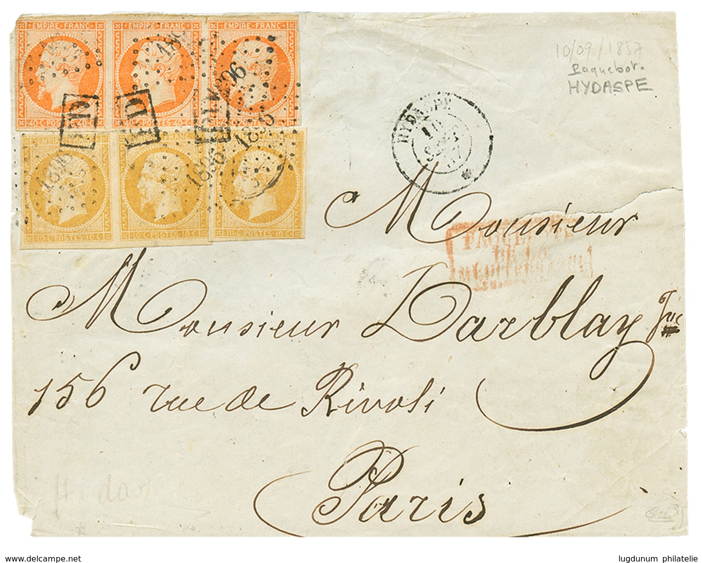 521 1857 10c(n°13)x3 + 40c(n°16)x3 Obl. PD Encadré + PC 1896 + Cachet Du Paquebot HYDASPE 10 Sept 57 Sur DEVANT De Lettr - Poste Maritime