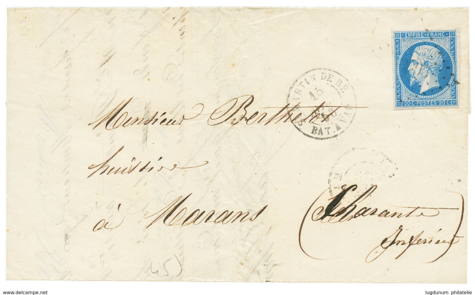 522 1858 20c(n°14) Obl. PC 2706 + ST MARTIN-DE-RE BAT A VAP. Sur Lettre De ST MARTIN Pour MARANS. TB. - Poste Maritime