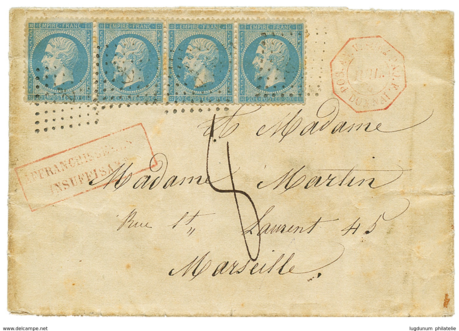 527 1863 FRANCE 20c(n°22)x4 Obl. ANCRE + Cachet Rarissime POS.AN.V SUEZ PAQ F. DONNAI En Rouge Sur Lettre Taxée 8 Avec T - Poste Maritime