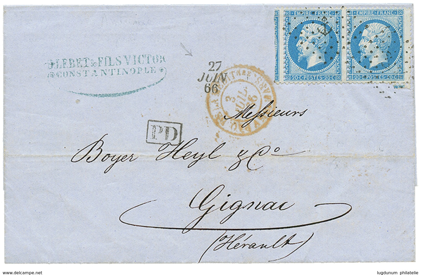 533 1866 Paire 20c(n°22) Obl. ANCRE + Cachet Provisoire De Fortune Dateur "27 JUIN 66" Sur Lettre De CONSTANTINOPLE De L - Poste Maritime