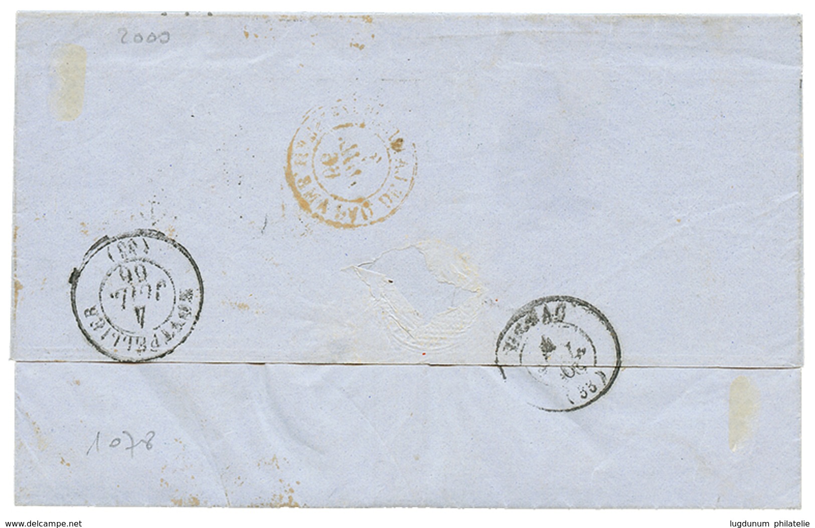 533 1866 Paire 20c(n°22) Obl. ANCRE + Cachet Provisoire De Fortune Dateur "27 JUIN 66" Sur Lettre De CONSTANTINOPLE De L - Poste Maritime