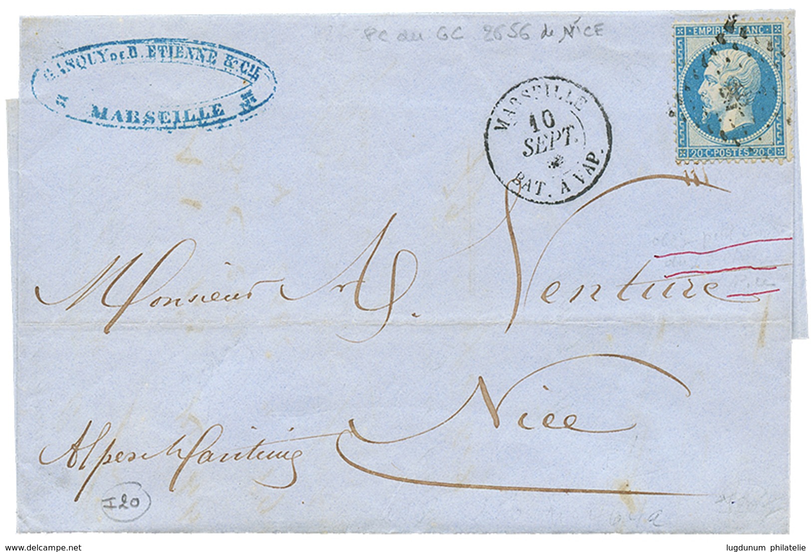 534 1869 20c(n°22) Obl. PC Du GC 2656 De NICE + MARSEILLE BAT. A VAP. Sur Lettre Avec Texte De MARSEILLE Pour NICE. Rare - Schiffspost