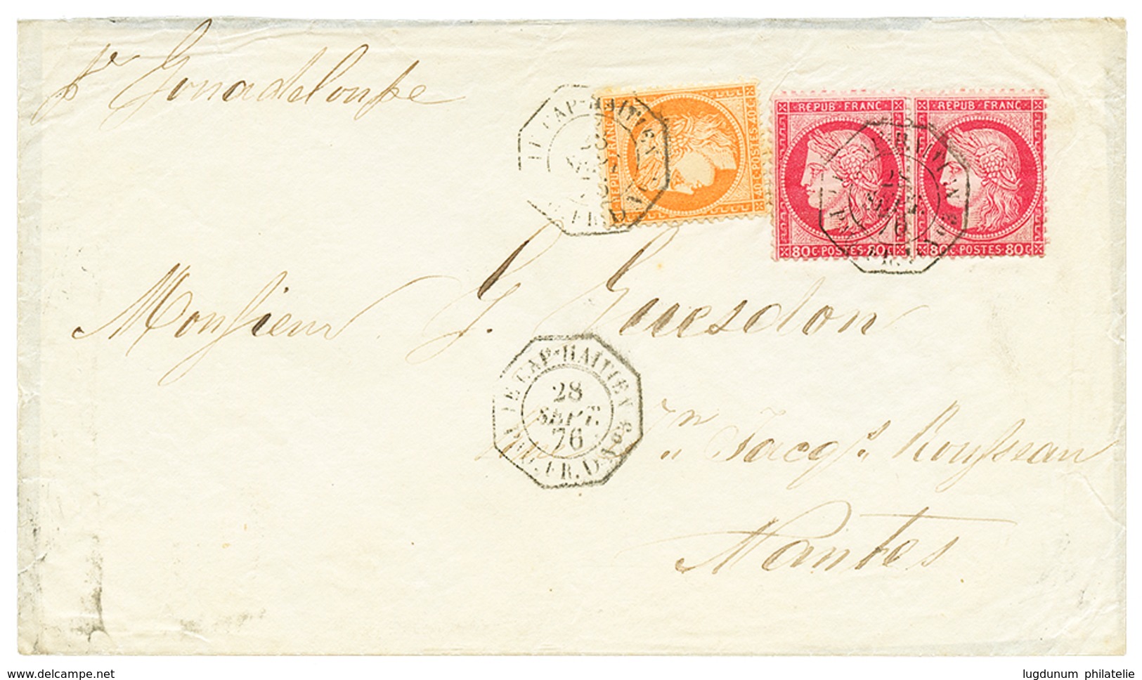 545 1876 Paire 80c CERES + 40c SIEGE Obl. LE CAP HAITIEN PAQ FR D N°3 Sur Lettre Pour La FRANCE. RARE. TTB. - Maritime Post