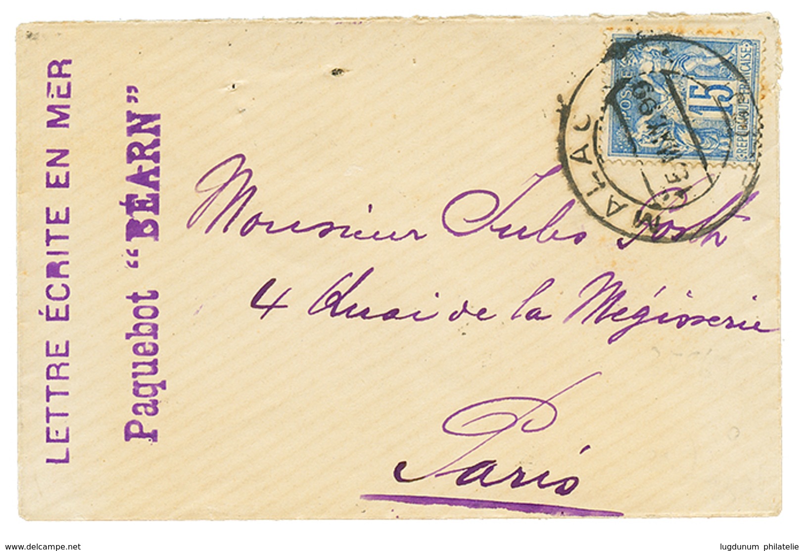 548 1899 15c SAGE Obl. MALAGA + Cachet Rare LETTRE ECRITE EN MER/ PAQUEBOT "BEARN" Sur Env. Pour PARIS. TTB. - Schiffspost