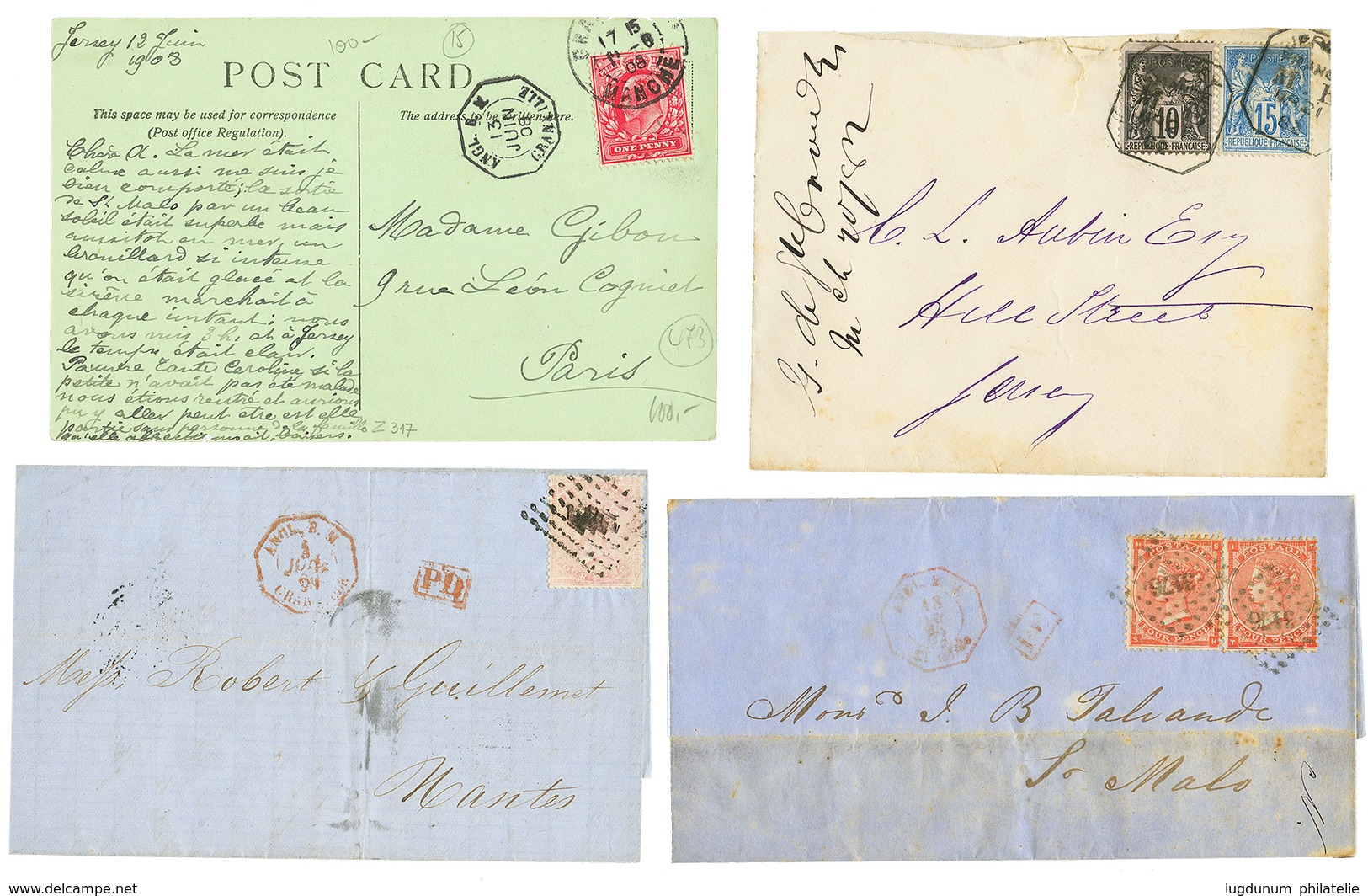 549 1866/1908 Lot 4 Lettres Avec Défauts Des ILES ANGLO-NORMANDES Dont PC 3176 Et 1441 Sur GB. A Voir. - Schiffspost