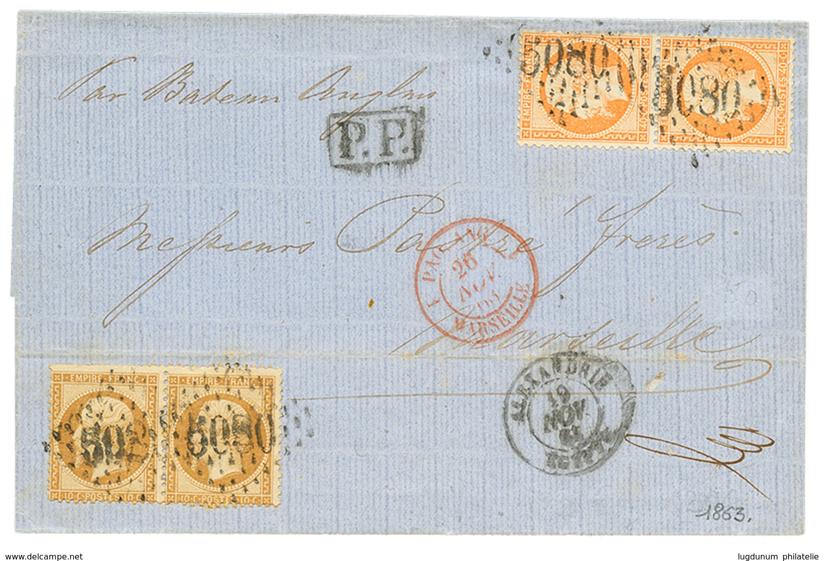 552 1863 10c(n°21)x2 + 40c(n°23)x2 Obl. GC 5080 + ALEXANDRIE EGYPTE Sur Lettre Pour La FRANCE. Double Port à 1F. TB. - Autres & Non Classés