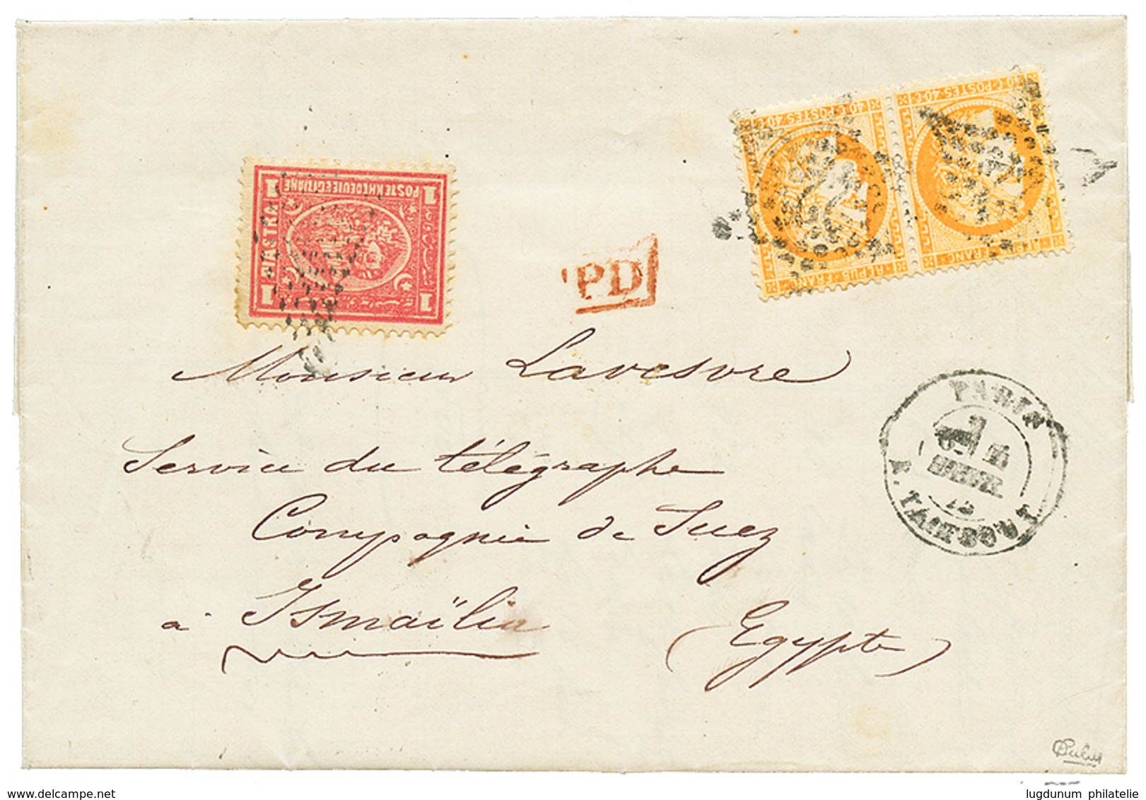 553 "MIXTE Dans Le Sens FRANCE / EGYPTE" : 1875 FRANCE Paire 40c SIEGE(n°38) + EGYPTE 1P Sur Lettre De PARIS Pour ISMAIL - Other & Unclassified