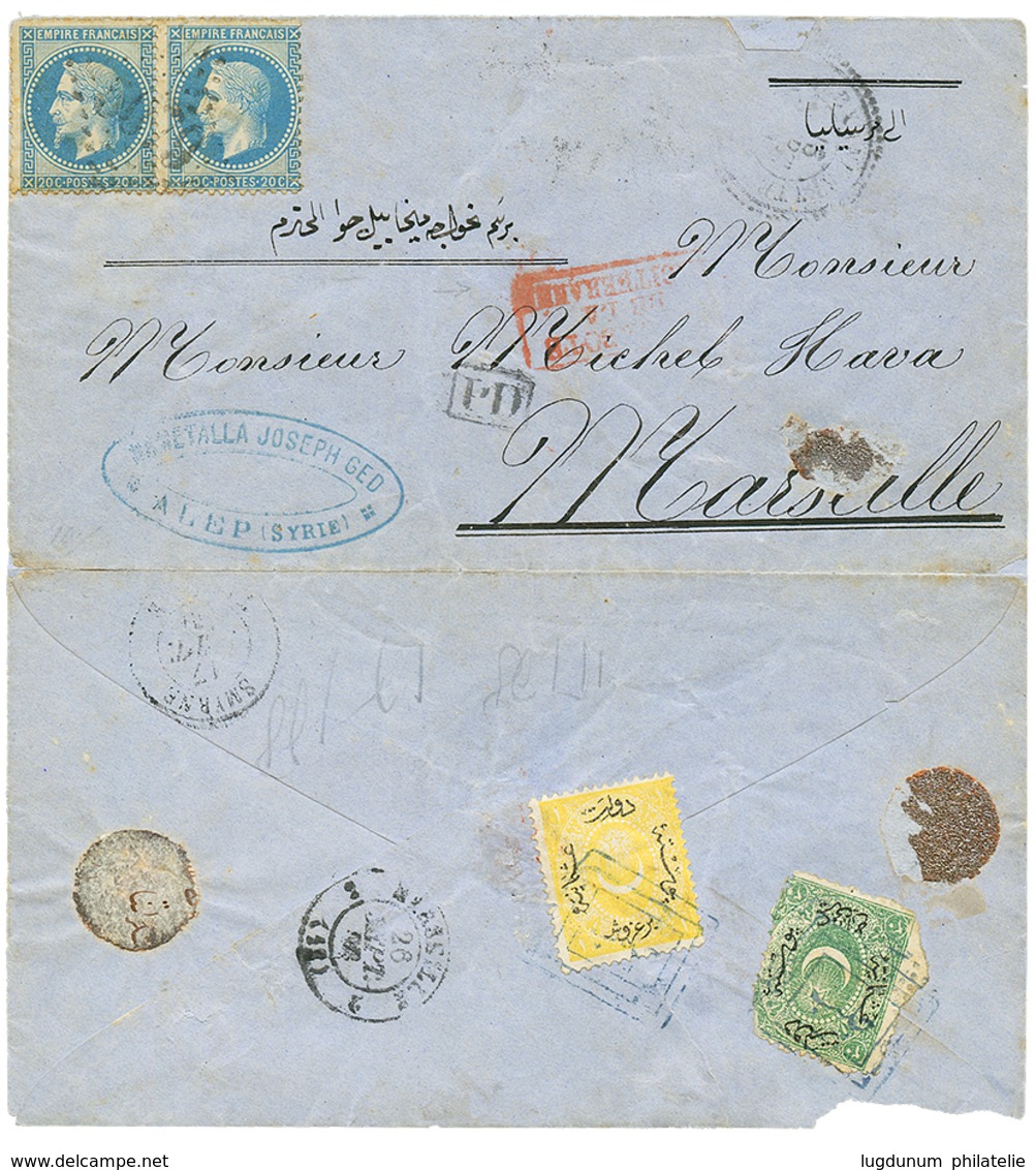 556 1869 FRANCE 20c(n°29)x2 Obl. GC 5079 Sur Enveloppe D' ALEP SYRIE Pour MARSEILLE. Verso, 2 Timbres TURCS Oblitérés. C - Sonstige & Ohne Zuordnung