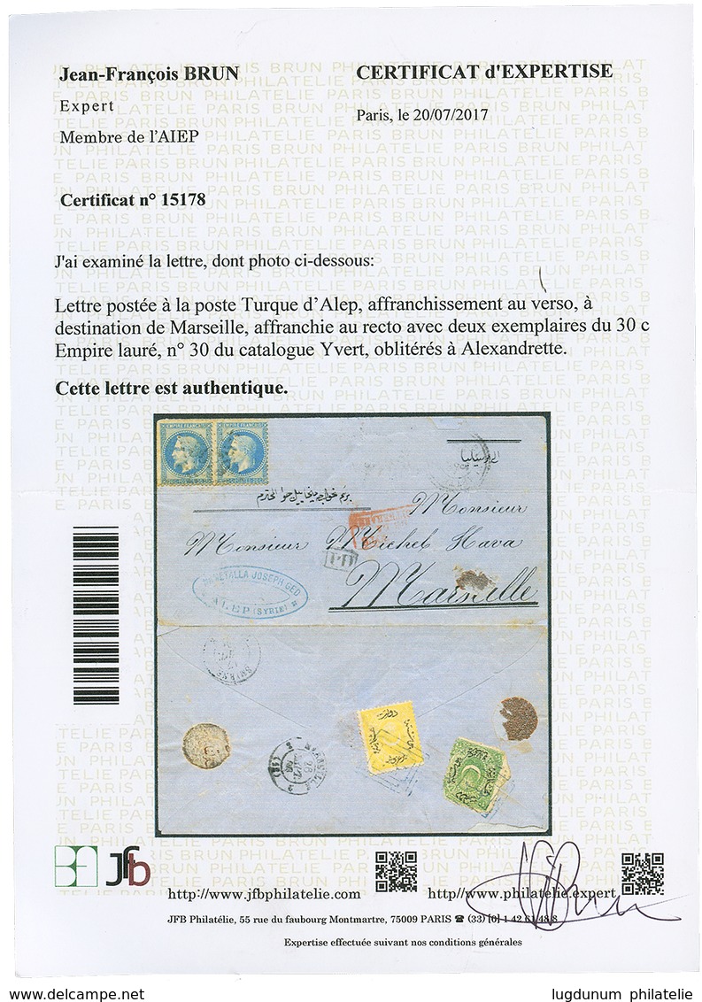 556 1869 FRANCE 20c(n°29)x2 Obl. GC 5079 Sur Enveloppe D' ALEP SYRIE Pour MARSEILLE. Verso, 2 Timbres TURCS Oblitérés. C - Sonstige & Ohne Zuordnung