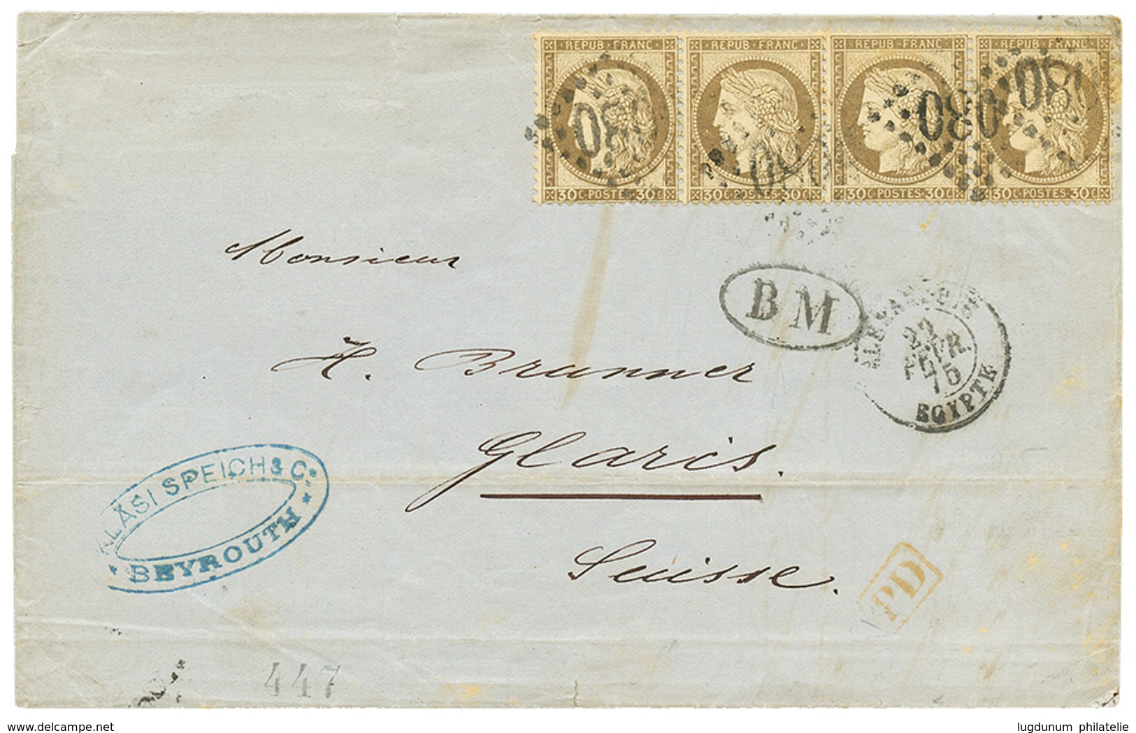 557 "BOITE MOBILE De BEYROUTH" : 1875 Bande De 4 Du 30c CERES Obl. GC 5080 + ALEXANDRIE EGYPTE + B.M Sur Lettre De BEYRO - Other & Unclassified