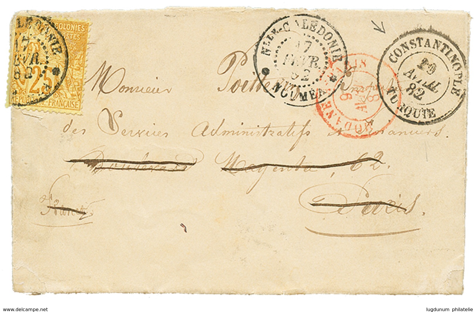 559 "NOUMEA Pour CONSTANTINOPLE " : 1882 COLONIES GENERALES 25c Obl. NLLE CALEDONIE NOUMEA Sur Lettre Avec Texte Pour PA - Autres & Non Classés