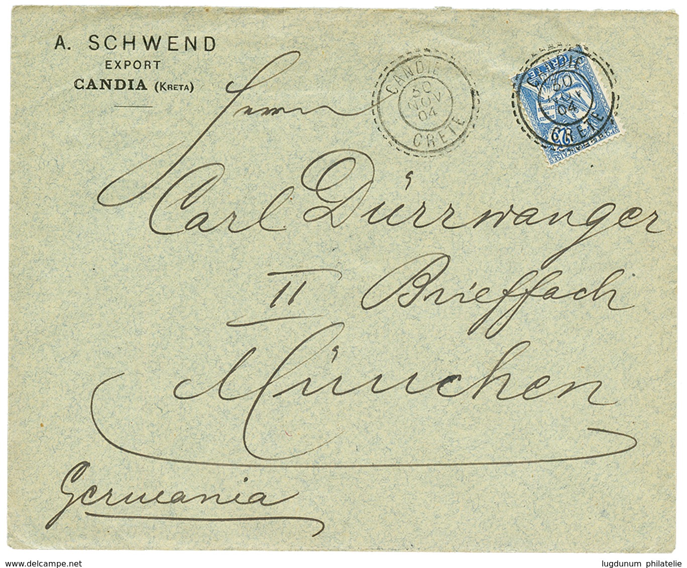 564 "CANDIA" : 1904 CRETE 25c Obl. CANDIE CRETE Sur Enveloppe Commerciale Pour MUNCHEN. Superbe. - Autres & Non Classés