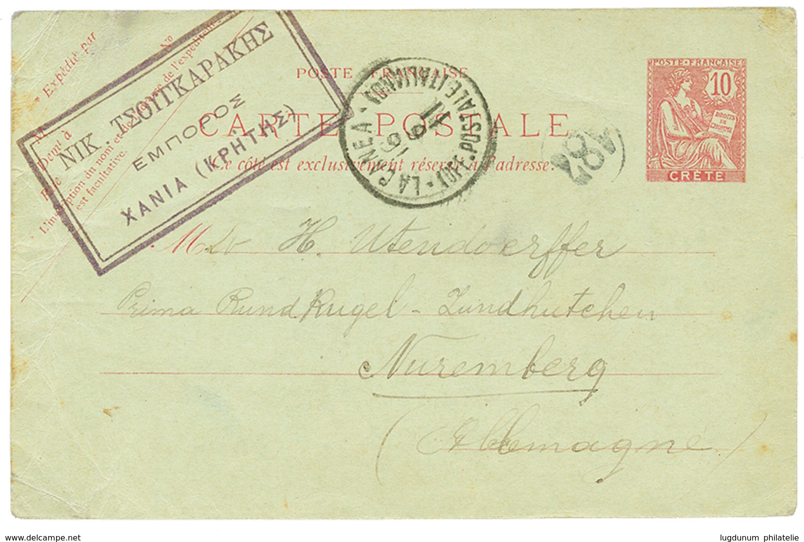 568 CRETE : 1911 Entier 10c Obl. Cachet Italien LA CANEA Pour L' Allemagne. Utilsation Rare. TTB. - Sonstige & Ohne Zuordnung