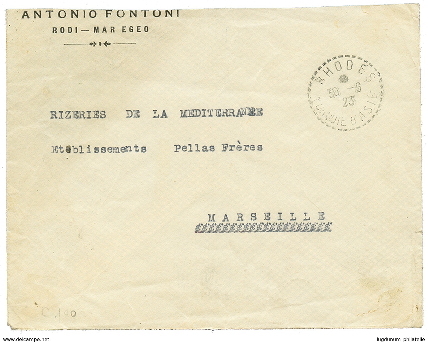 580 "Type SEMEUSE De FRANCE Utilisé à RHODES" : 1923 FRANCE 20c + 30c Obl. RHODES Au Verso D'une Enveloppe Pour La FRANC - Other & Unclassified