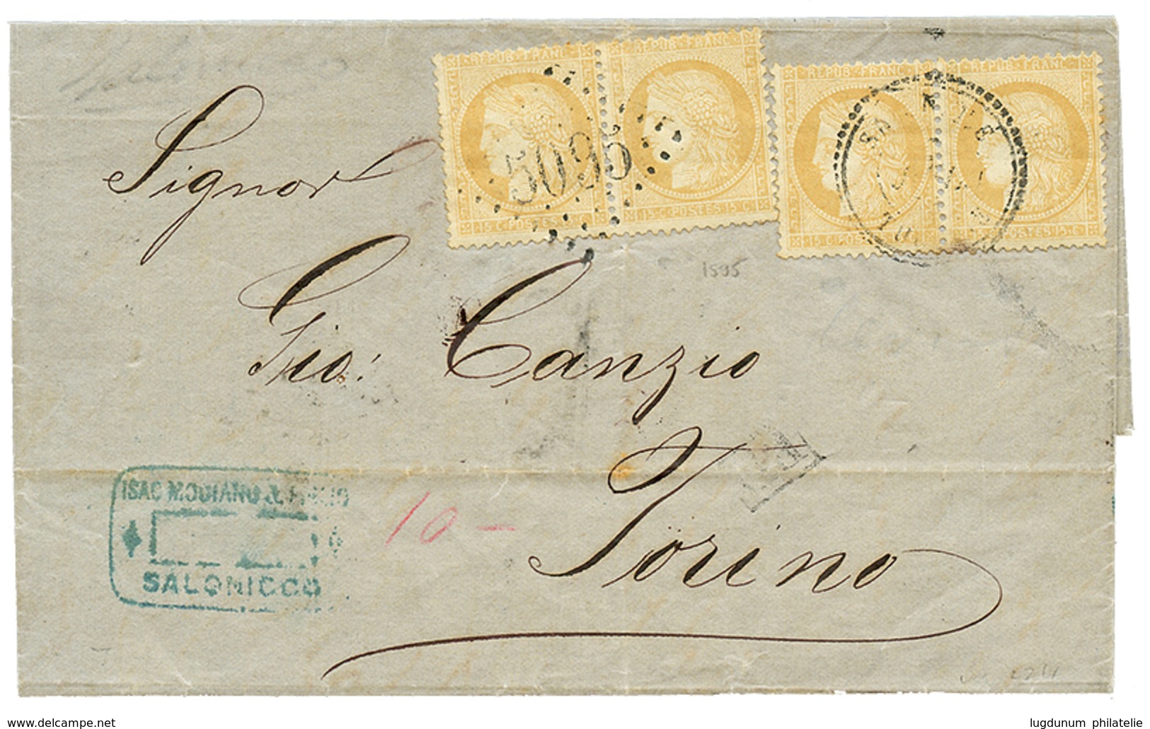 587 1871 Paire 15c CERES Obl. GC 5095 + Paire 15 CERES Obl. Cachet SALONIQUE TURQUIE Sur Lettre Pour L' ITALIE. TB. - Sonstige & Ohne Zuordnung