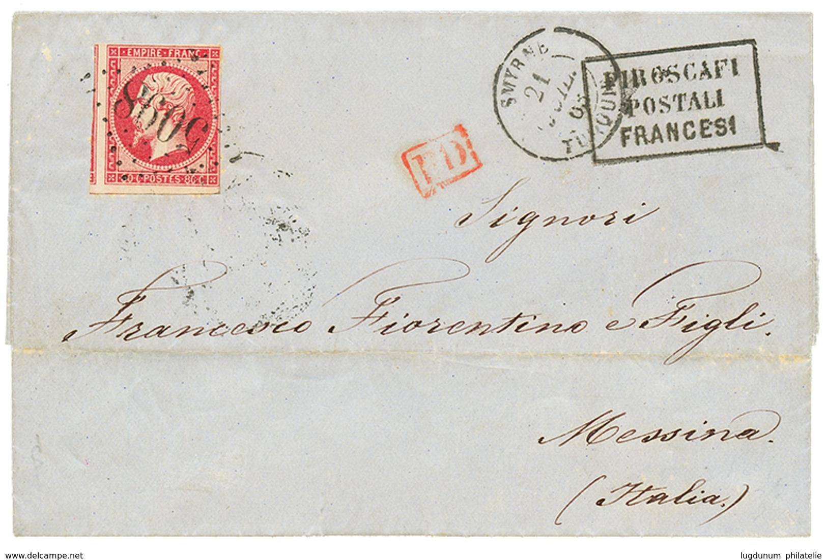 595 1863 80c(n°17) Obl. GC 5098 + SMYRNE TURQUIE Sur Lettre Avec Texte Pour MESSINA (ITALIE). TB. - Other & Unclassified