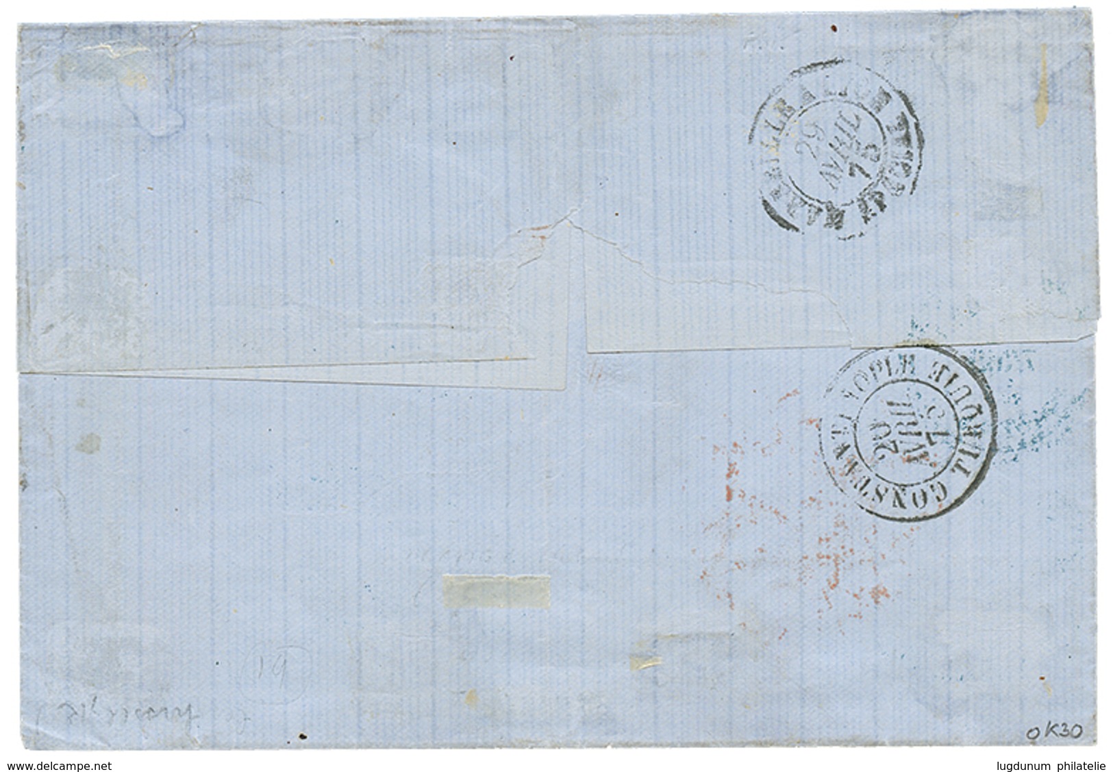 601 TREBIZONDE : 1875 CERES 10c(x2) + 40c SIEGE Obl. GC 5100 + TREBIZONDE TURQ. D' ASIE Sur Lettre Pour L' ANGLETERRE. R - Other & Unclassified