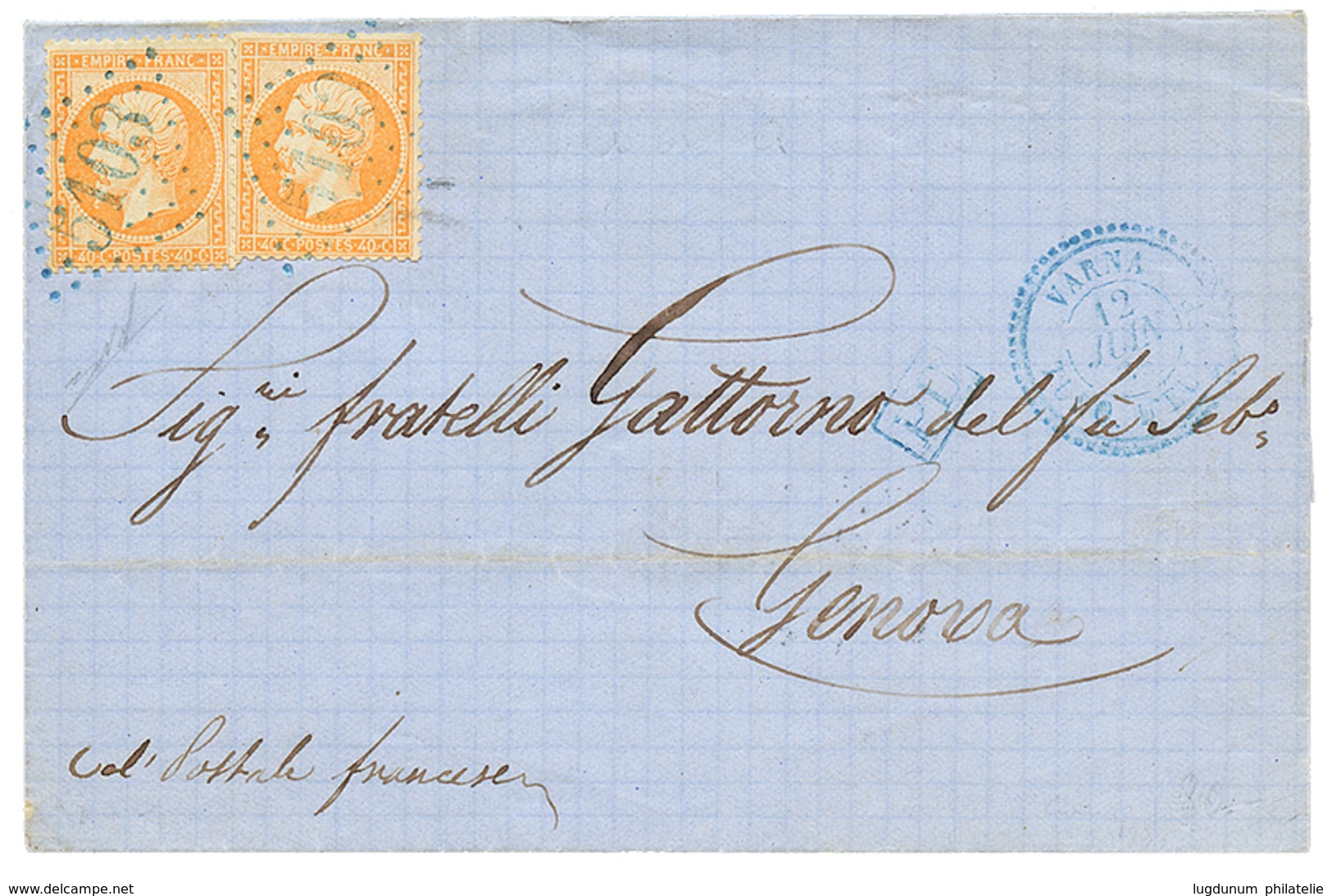 602 1865 40c(n°23)x2 Obl. GC 5103 + VARNA TURQUIE D' EUROPE Sur Lettre Pour L' ITALIE. TTB. - Autres & Non Classés