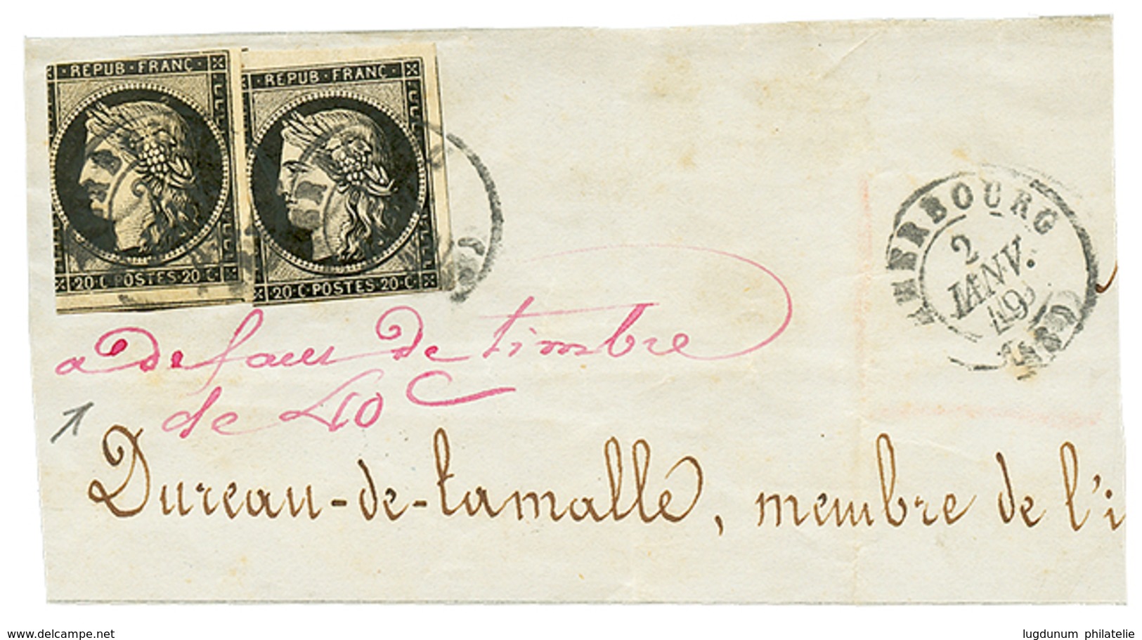 605 "2 JANVIER 1849" : 20c Noir(n°3)x2 Déf. Obl. T.15 CHERBOURG 2 JANV. 49 + "A DEFAUT De TIMBRE De 40c" Manuscrit Sur F - Autres & Non Classés