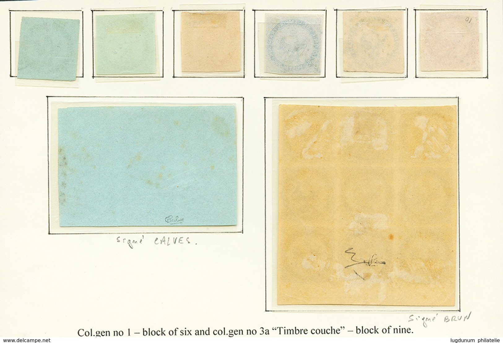 645 Type AIGLE : N°1 à 6 + 1c Bloc De 6 Obl. Signé CALVES + 10c Bloc De 9 Neuf Dont Timbre COUCHE (défaut De Gomme) Sign - Sonstige & Ohne Zuordnung