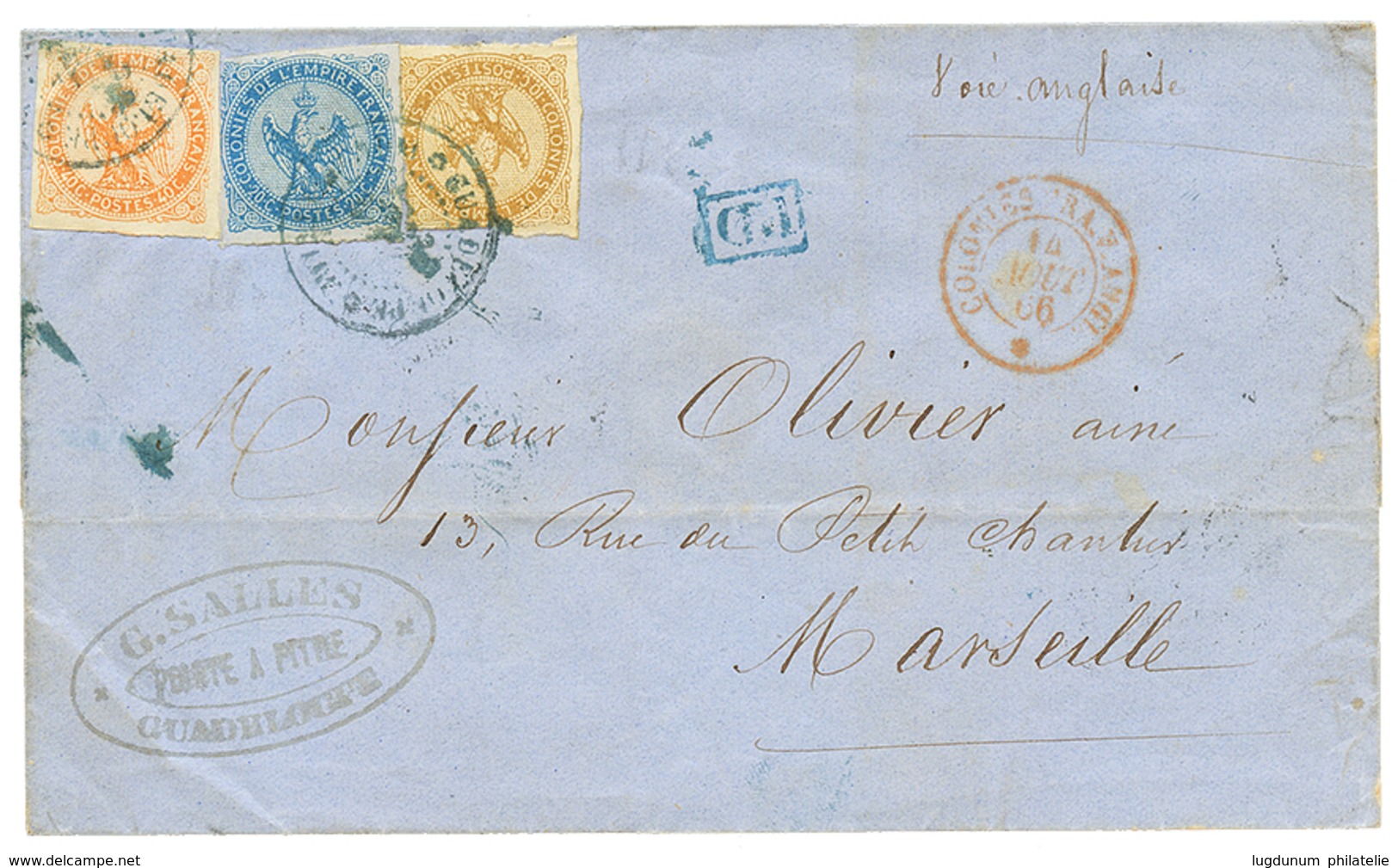 691 GUADELOUPE : 1866 AIGLE 10c + 20c+ 40c Obl. Cachet à Date (rare) GUADELOUPE POINTE-A-PITRE GUADELOUPE Sur Lettre Pou - Altri & Non Classificati