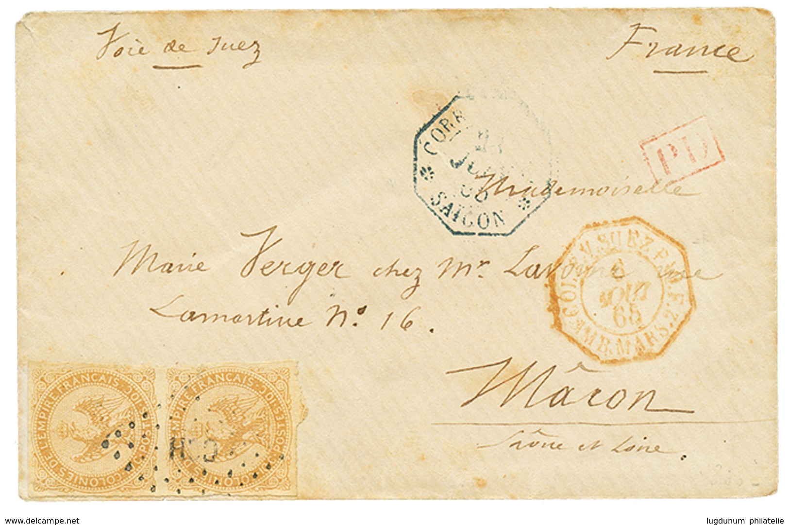 697 INDOCHINE : 1865 Paire 10c AIGLE Obl. CCH + CORR. D'ARMEES SAIGON Sur Enveloppe Pour La FRANCE. TB. - Autres & Non Classés