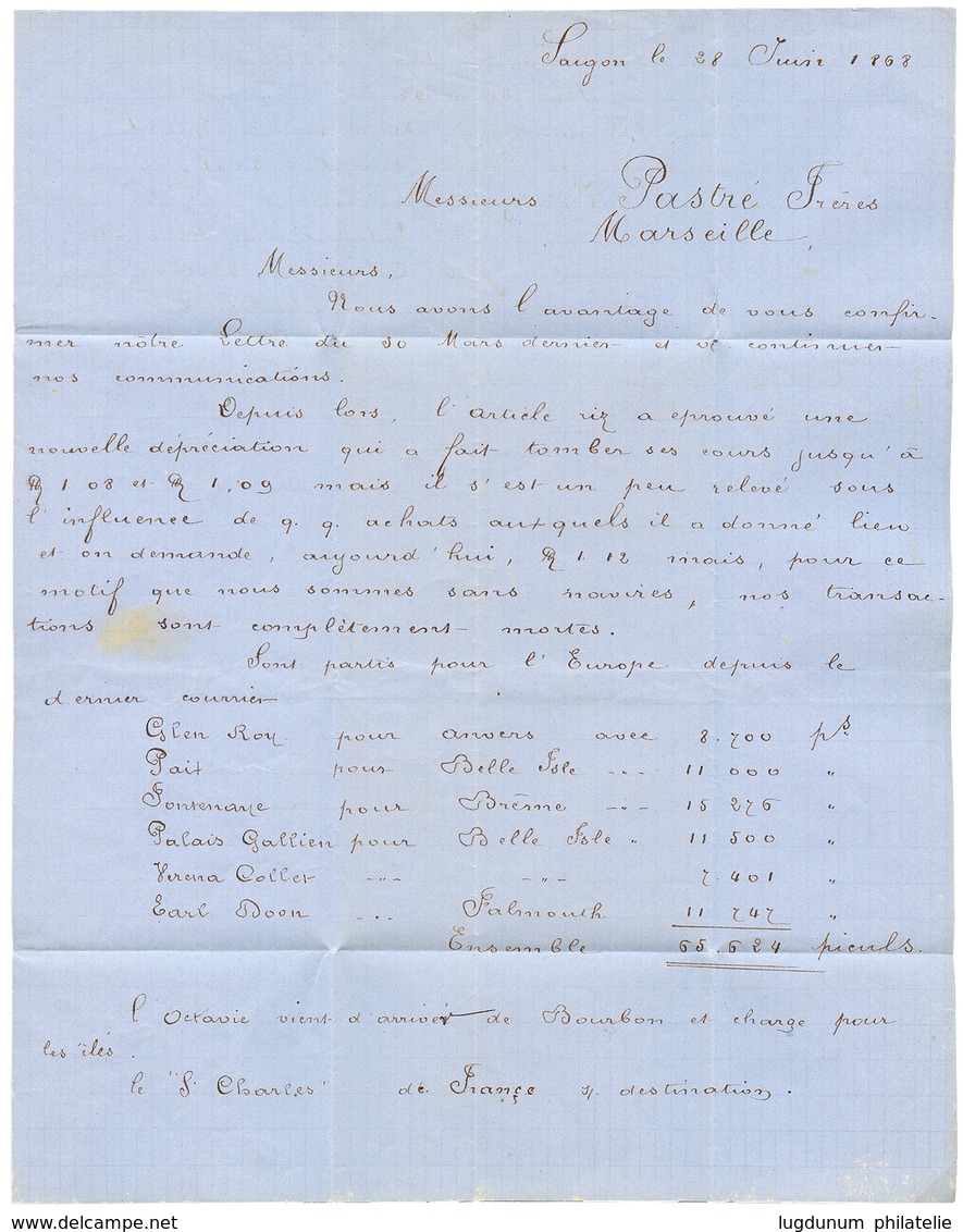 698 INDOCHINE : 1868 10c + 40c AIGLE Obl. CCH + COCHINCHINE SAIGON Sur Lettre Avec Texte Pour La FRANCE. TB. - Sonstige & Ohne Zuordnung