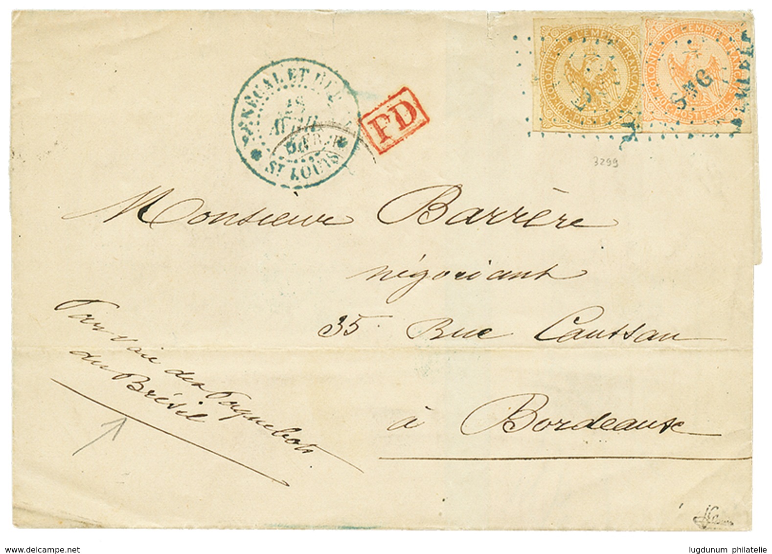 712 SENEGAL : 1866 AIGLE 10c + 40c Obl. SNG Sur Lettre De ST LOUIS Pour La FRANCE. Signé BRUN. TTB. - Autres & Non Classés