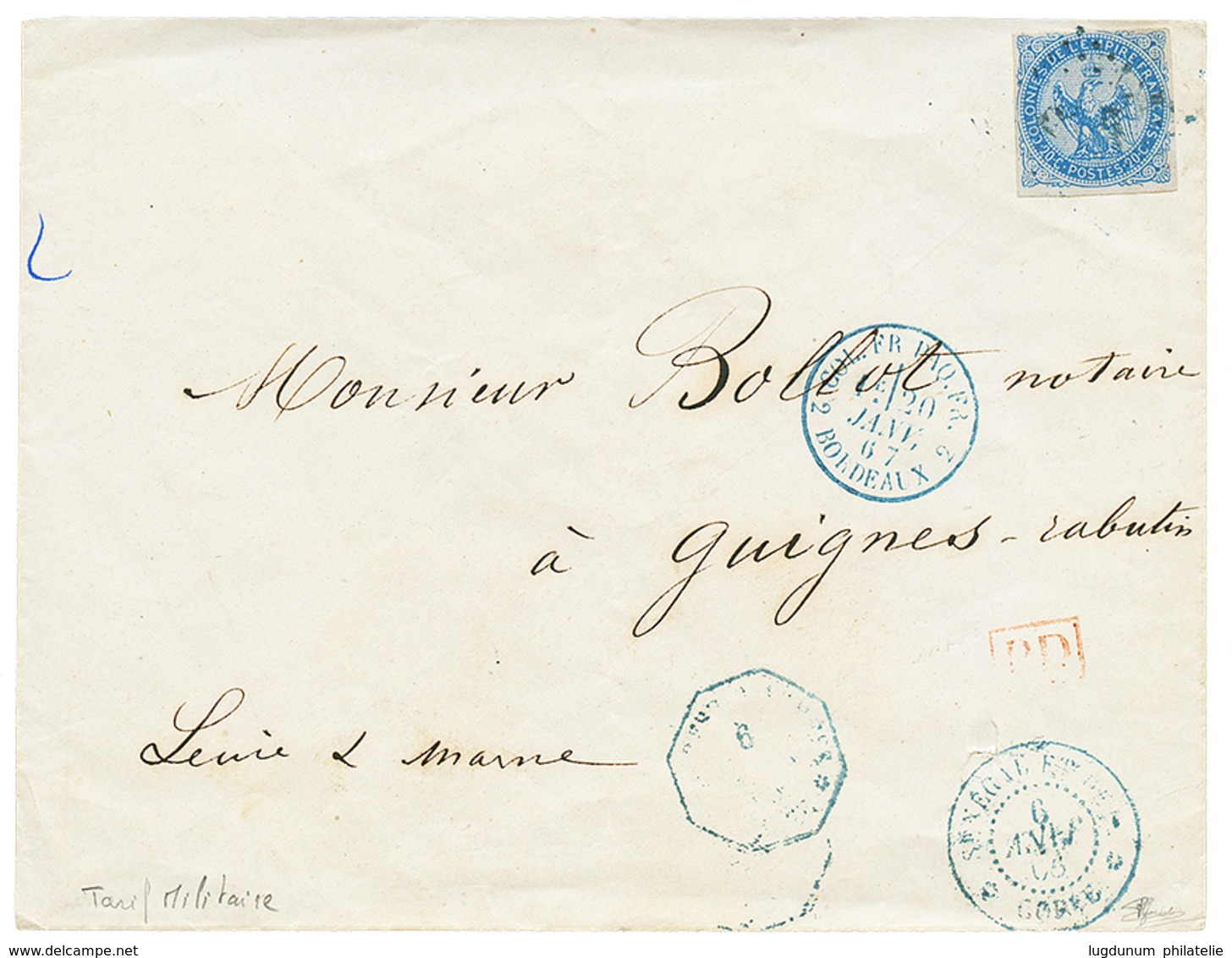 713 GOREE : 1867 20c AIGLE TB Margé Obl. GOR + SENEGAL ET DEP. GOREE Sur Enveloppe De MILITAIRE Pour La FRANCE. TB. - Autres & Non Classés