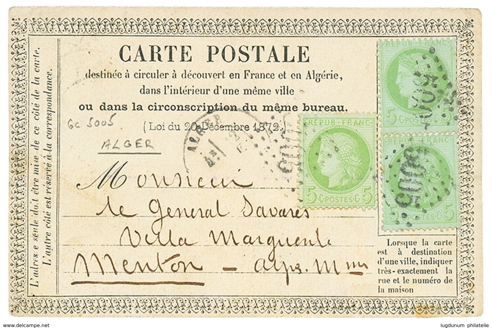 724 1876 5c CERES(x3) Obl. GC 5005 + T.17 ALGER Sur CARTE PRECURSEUR Pour MENTON. TB. - Autres & Non Classés