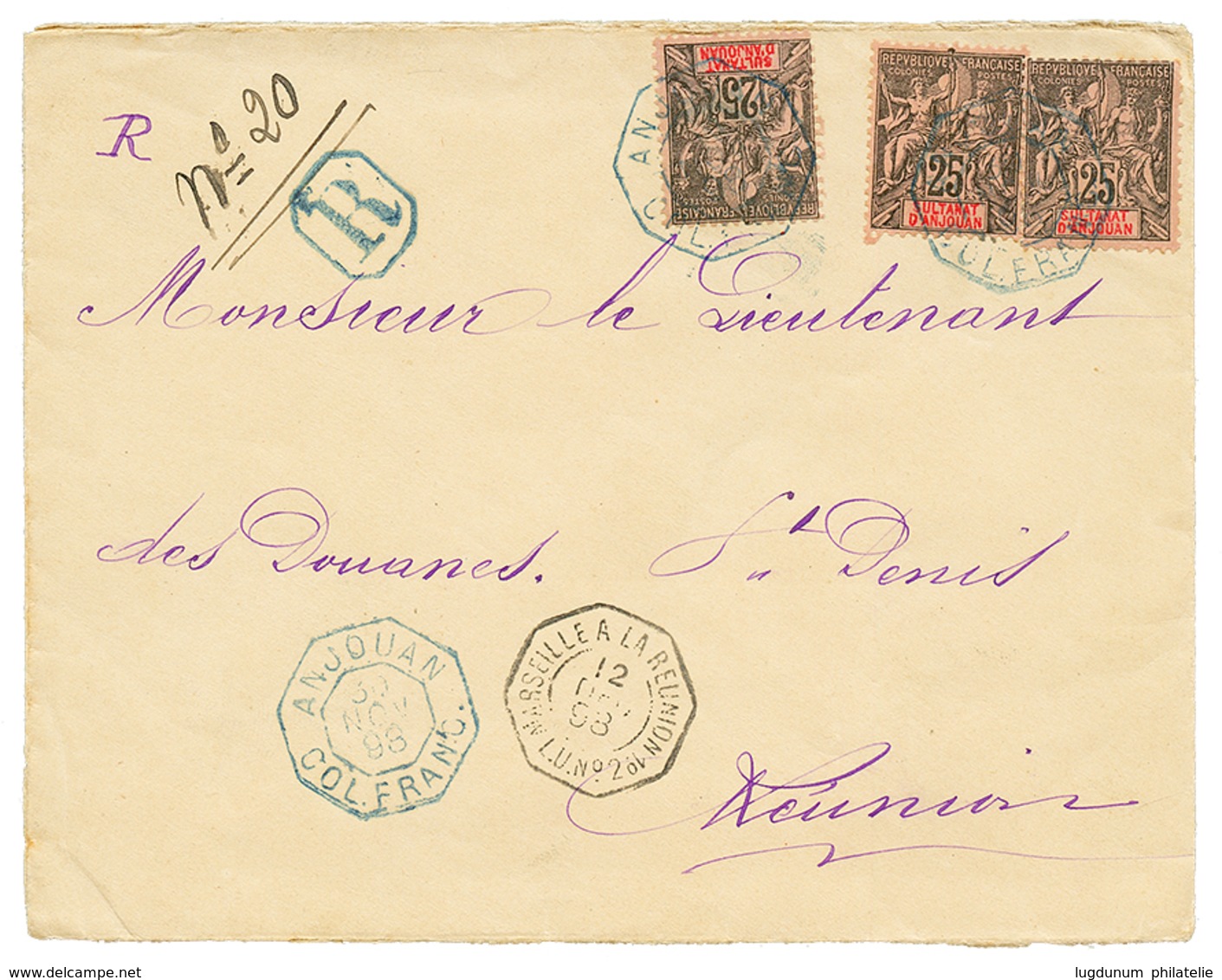 727 ANJOUAN : 1898 25c(x3) Obl. ANJOUAN COL. FR. Sur Enveloppe RECOMMANDEE Pour ST DENIS (REUNION). TTB. - Autres & Non Classés