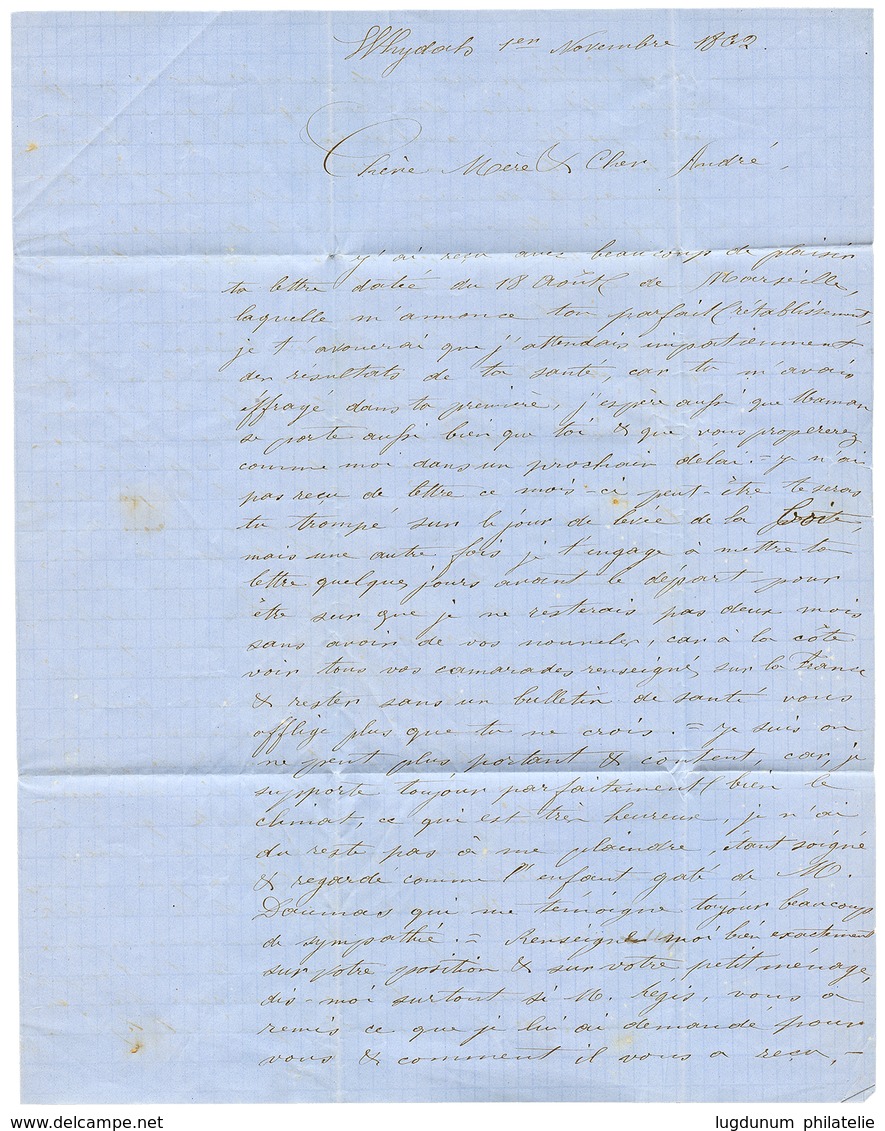 728 "PRECURSEUR - WHYDAH Via LAGOS" : 1862 GB/1F60 + Cachet Anglais LAGOS En Bleu Sur Lettre Avec Texte Daté "WHYDAH" Po - Autres & Non Classés