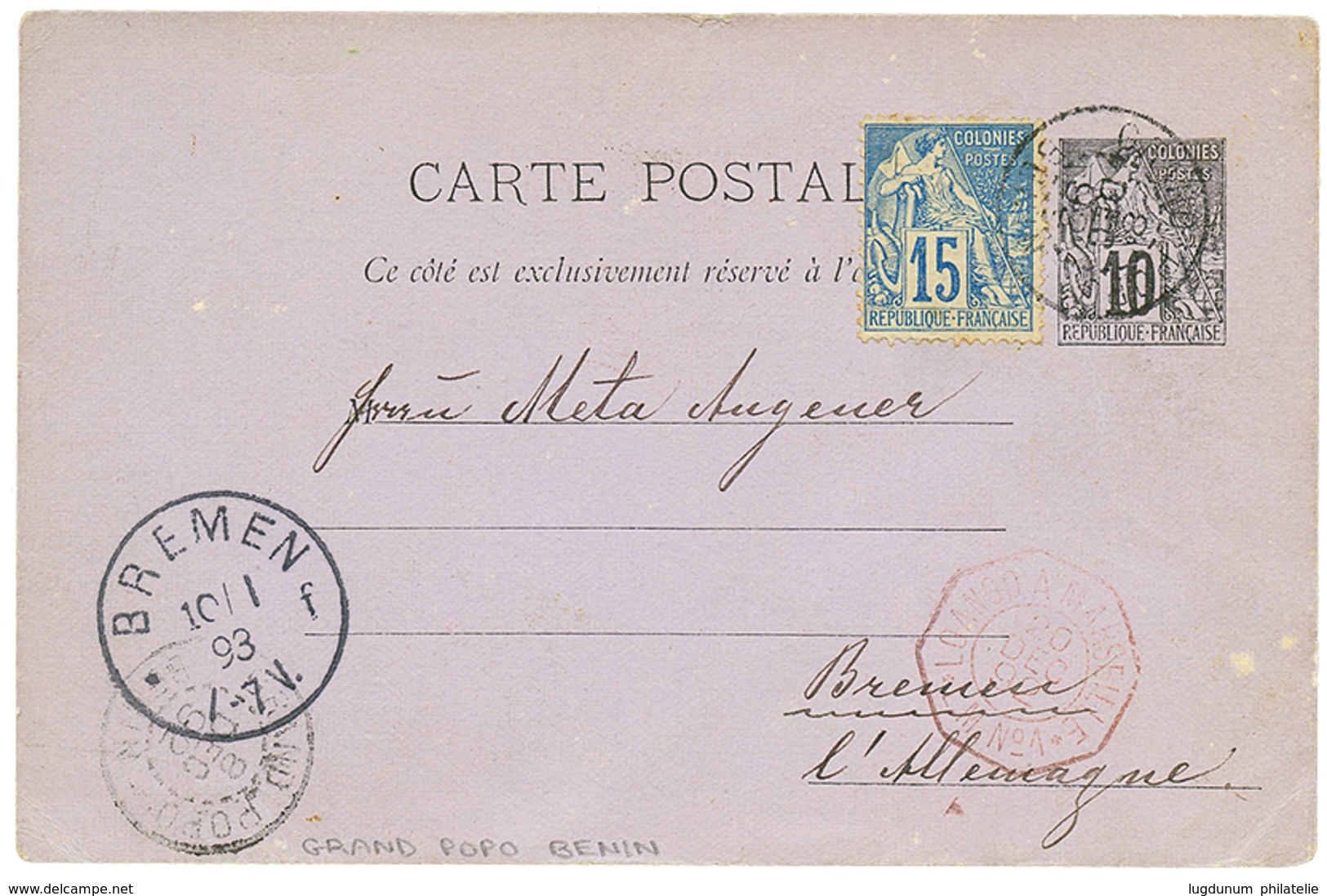 730 PRECURSEUR : 1892 CG Entier 10c + 15c Obl. GRAND-POPO BENIN Pour BREMEN. Rare Sur Col. Générales. TB. - Altri & Non Classificati