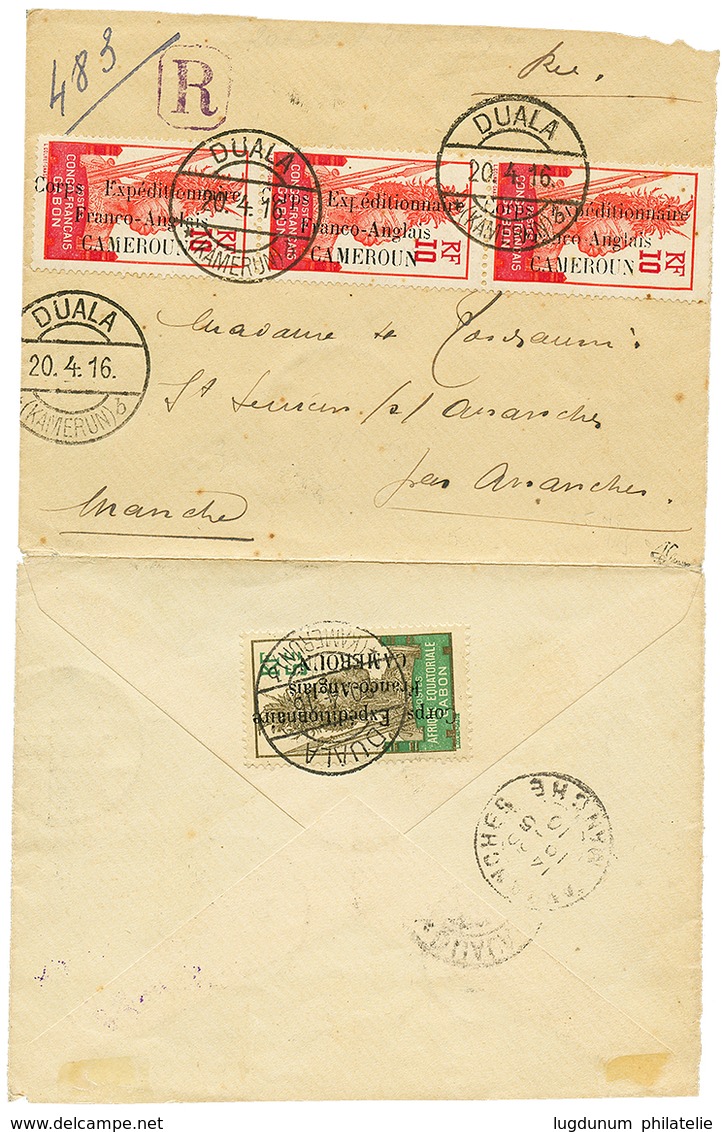 738 1916 CORPS EXP. FRANCO-ANGLAIS 10c(x3) + Verso 5c Obl. DUALA KAMERUN Sur Env. RECOMMANDEE Pour La FRANCE. Signé J.F  - Autres & Non Classés