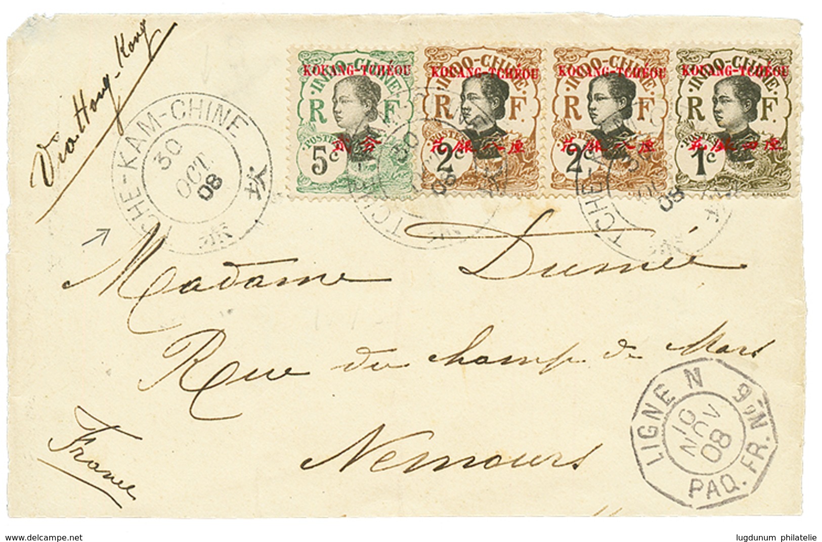 755 "TCHE-KAM" : 1908 KOUANG-TCHEOU 1c + 2c(x2)+ 5c Obl. TCHE-KAM CHINE Sur DEVANT De Lettre (front Only) Pour La FRANCE - Autres & Non Classés