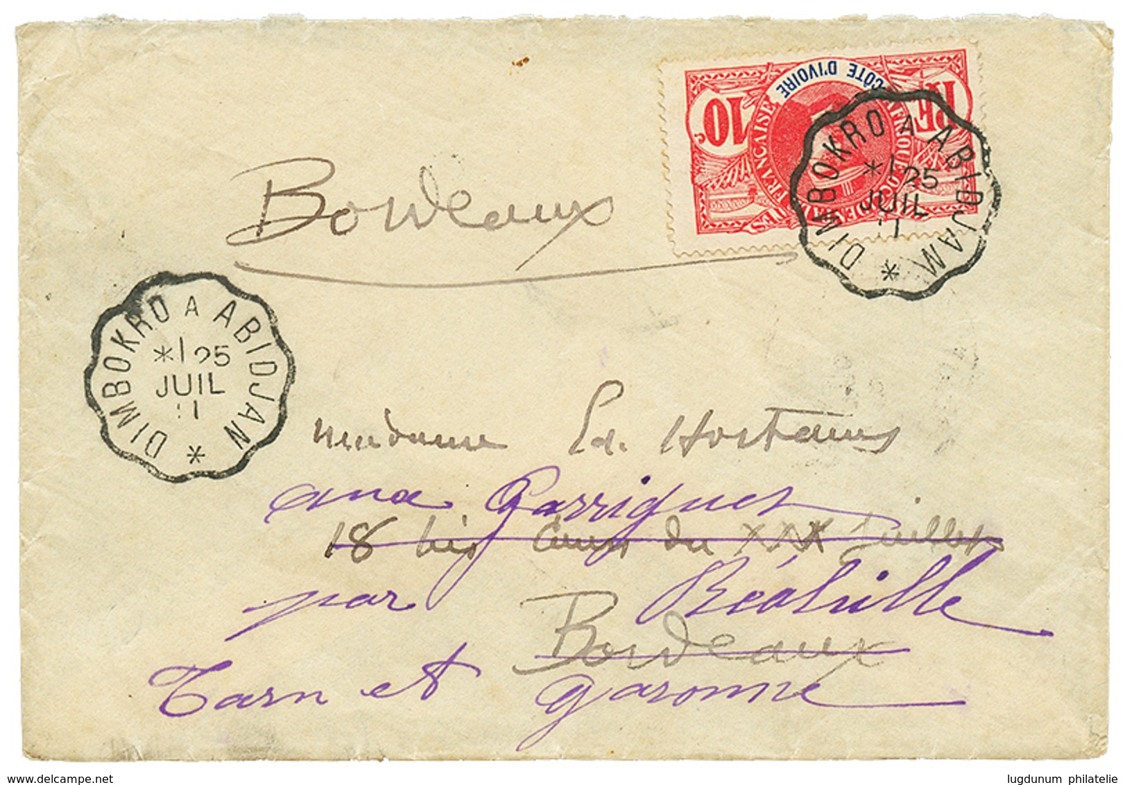 760 1911 10c Obl. Ambulant Ferroviaire DIMBOKRO A ABIDJAN Sur Enveloppe Pour La FRANCE. RARE. TTB. - Sonstige & Ohne Zuordnung