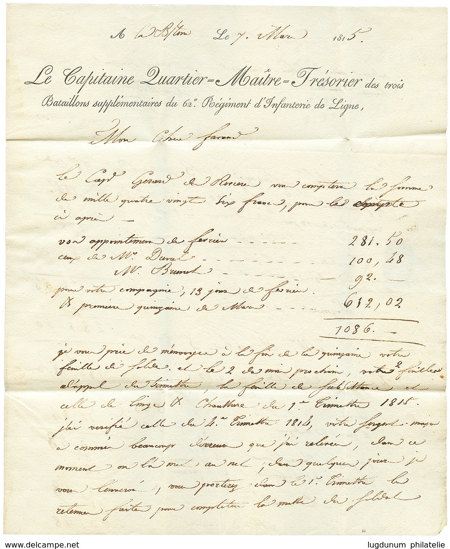 762 3éme Occupation ANGLAISE : 1815 (7 Mars) "SERVICE MILITAIRE" Manuscrit Sur Lettre Avec Entête Imprimé Pour Un Milita - Sonstige & Ohne Zuordnung