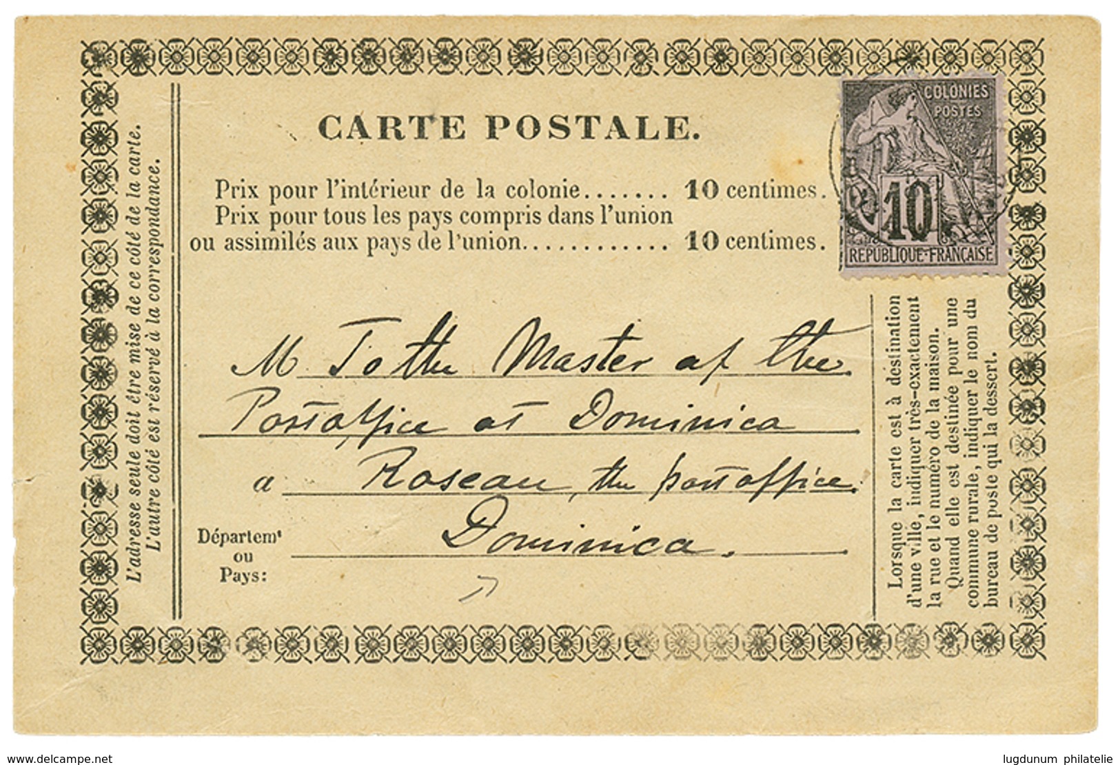 774 1886 COLONIES GENERALES 10c Obl. Sur CARTE PRECURSEUR Pour ROSEAU (DOMINICA). TB. - Autres & Non Classés