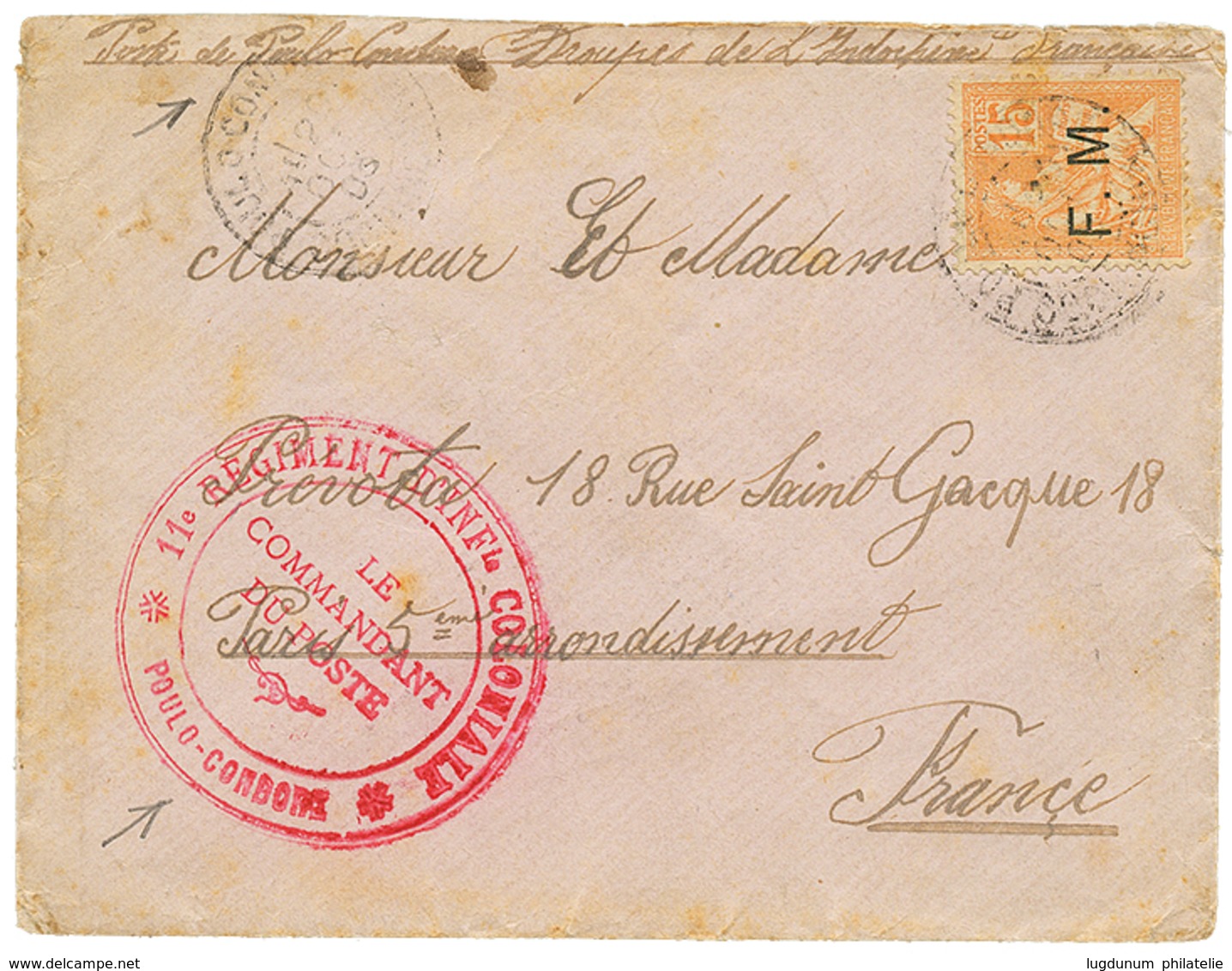 796 "POULO-CONDORE" : 1903 FM 15c Obl. POULO-CONDORE Sur Enveloppe Pour La FRANCE. Origine Rare. TB. - Autres & Non Classés