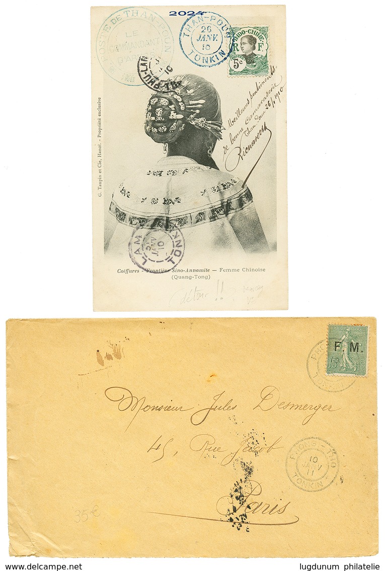 799 2 Lettres : 1910 5c Obl. THAN_POUN TONKIN + LAM Et 1911 FRANCE 15c F.M Obl. PHONG-THO TONKIN . TTB. - Autres & Non Classés