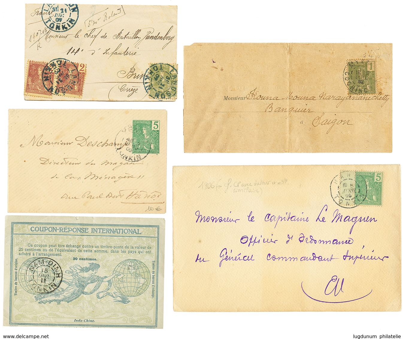 803 TONKIN : 1906/12 Lot 10 Lettres Dont COUPON REPONSE De NAM-DINH, TELEGRAMME TIEN-YEN. TB. - Sonstige & Ohne Zuordnung