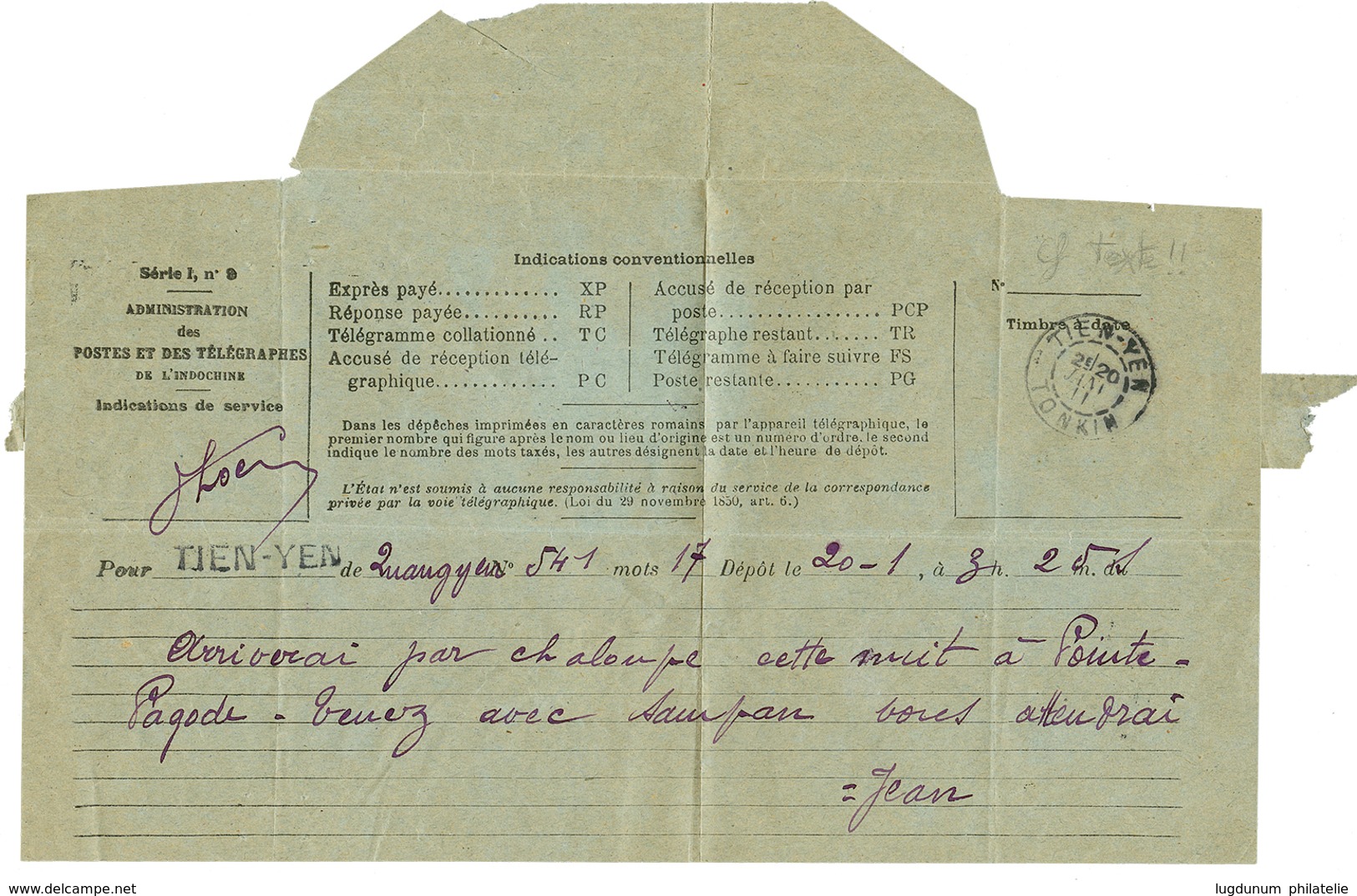 803 TONKIN : 1906/12 Lot 10 Lettres Dont COUPON REPONSE De NAM-DINH, TELEGRAMME TIEN-YEN. TB. - Sonstige & Ohne Zuordnung