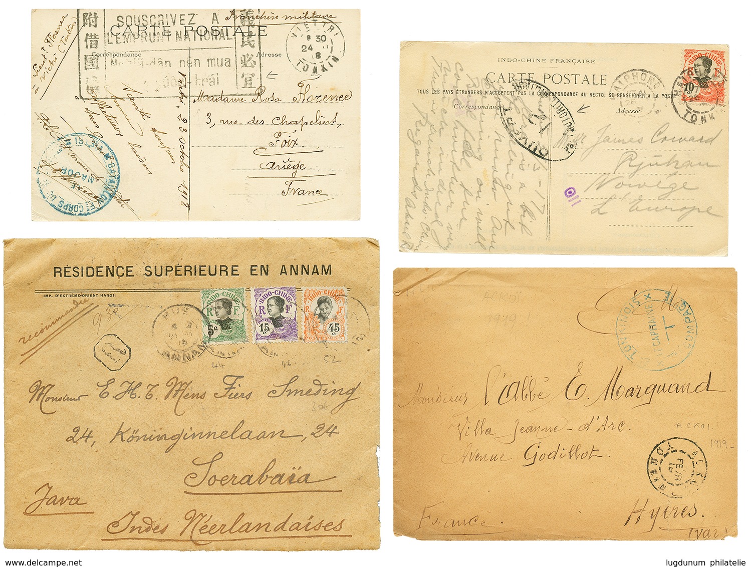 821 1918/19 Lot 4 Lettres Du Tonkin Dont ACKOI, HUE Recom. Pour JAVA, Censure Pour La NORVEGE. TB. - Autres & Non Classés