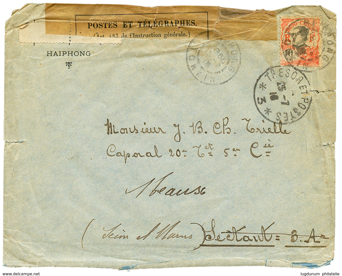 822 "CENSURE D' HAIPHONG" : 1918 10c + BANDE CENSURE Obl. HAIPHONG Sur Enveloppe(defauts) Pour La FRANCE. Trés Rare. TB. - Autres & Non Classés