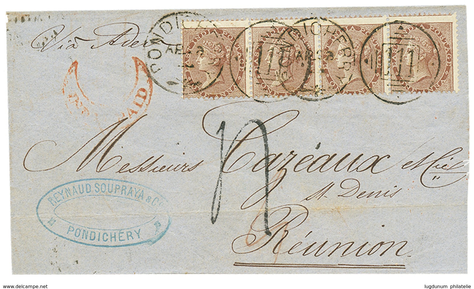 827 1865 INDIA 1a(x4) Obl. 111 + PONDICHERY + Taxe 4 Sur Lettre (texte Et Rabats Latéraux Absents) Pour LA REUNION. Vers - Autres & Non Classés