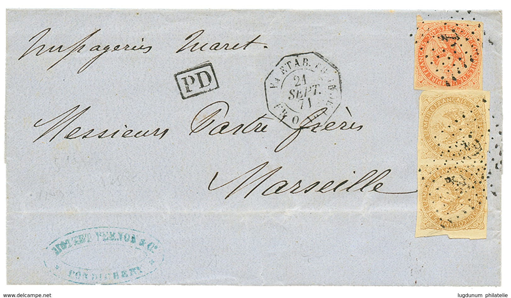 828 1871 AIGLE 40c + Paire 10c Obl. ANCRE + Cachet Maritime ETAB. FR. DE L' INDE PAQ FR. O N°1 Sur Lettre De PONDICHERY  - Autres & Non Classés