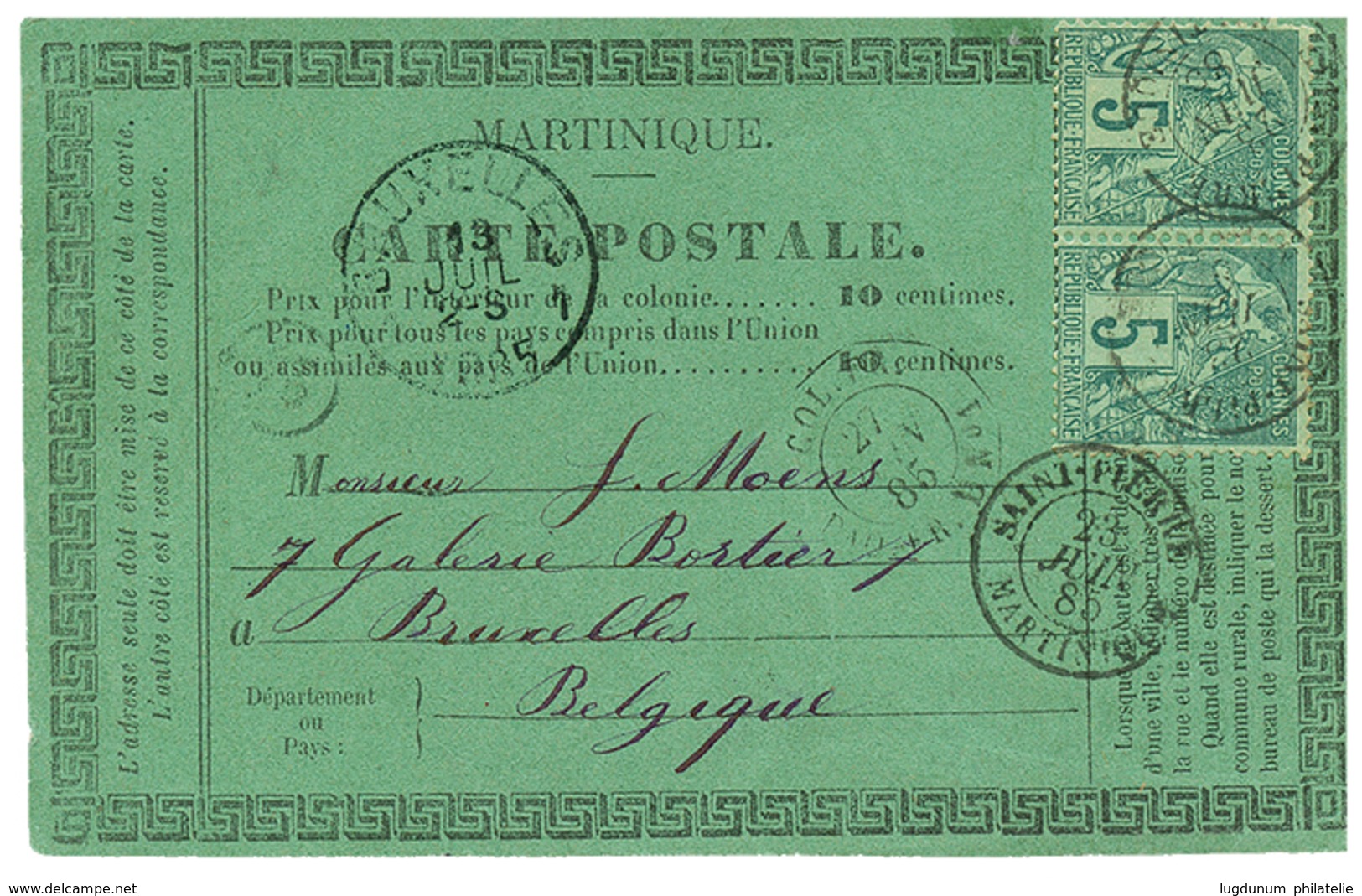 834 1885 CG 5c(x2) Obl. SAINT PIERRE MARTINIQUE Sur CARTE PRECURSEUR Pour La BELGIQUE. TB. - Sonstige & Ohne Zuordnung